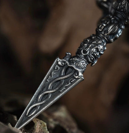 Silver Tibetan Phurba Pendant, Vajra Kila Ritual Dagger Necklace, Handcrafted Spiritual Amulet, Buddhist Jewelry Gift