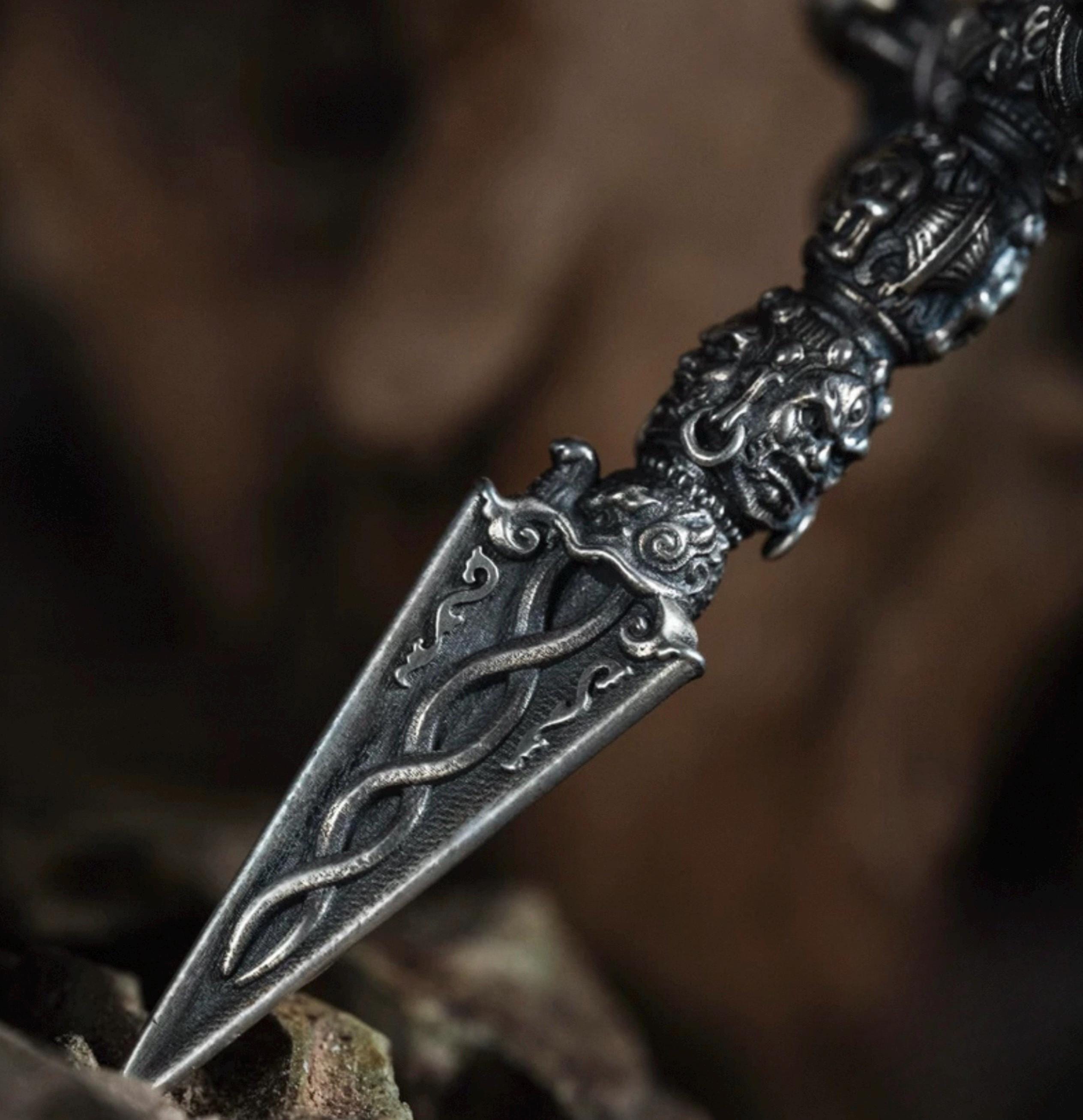 Silver Tibetan Phurba Pendant, Vajra Kila Ritual Dagger Necklace, Handcrafted Spiritual Amulet, Buddhist Jewelry Gift