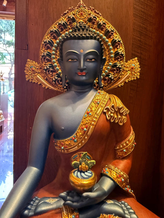 Handcrafted Blue Medicine Buddha Statue – Nepalese Style Tibetan Buddhist Deity with Painted Back Panel (9 inch)