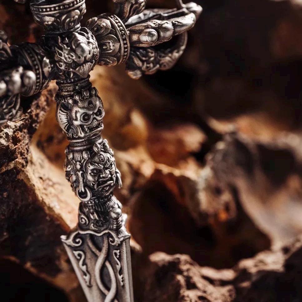 Silver Tibetan Phurba Pendant, Vajra Kila Ritual Dagger Necklace, Handcrafted Spiritual Amulet, Buddhist Jewelry Gift