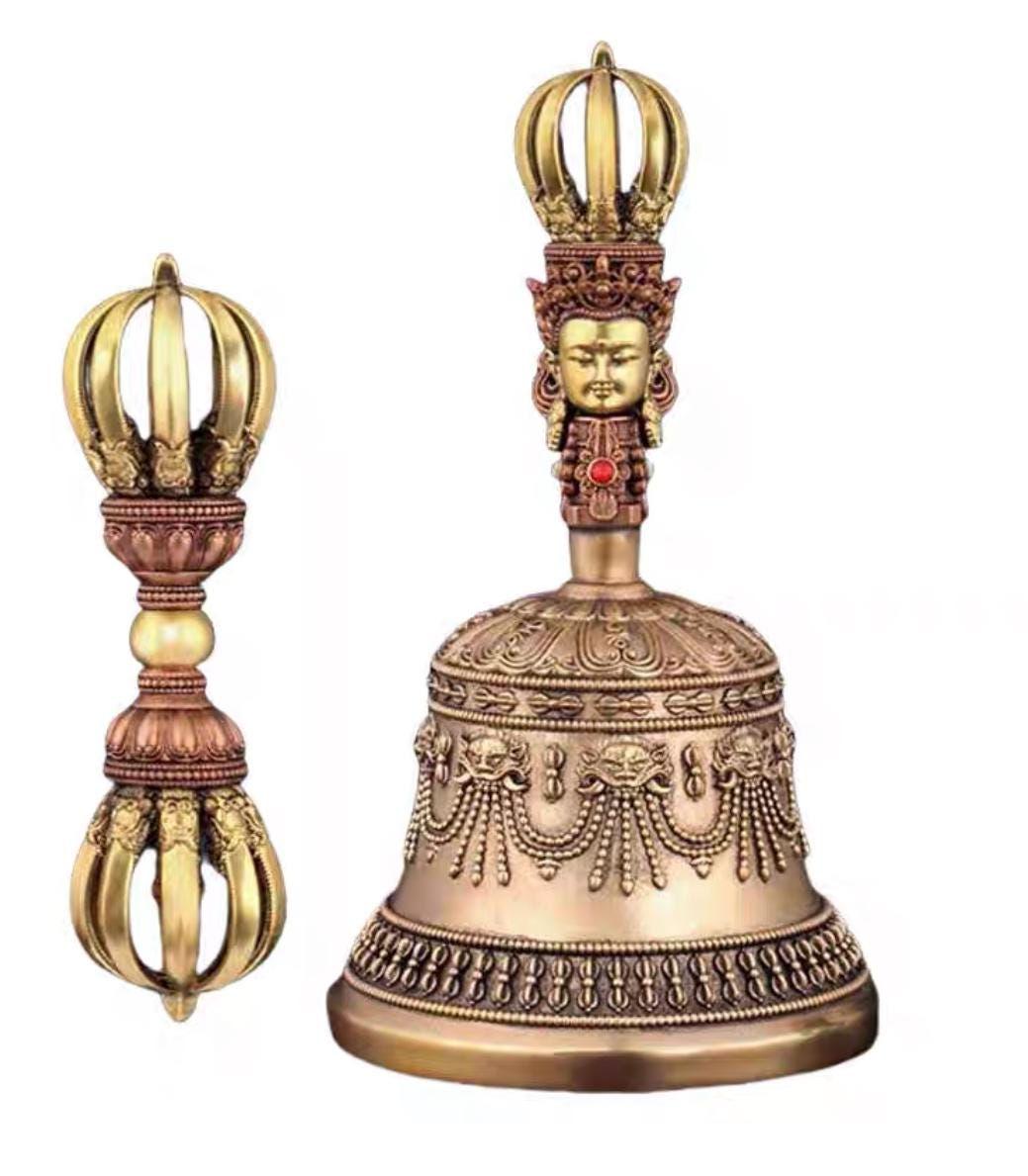 Handcrafted Tibetan Vajra Bell & Dorje Set, Brass, Spiritual Ritual Meditation Buddhist Decor Sacred Power Wisdom Symbol