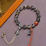 Handmade Agate Dzi Eye Bead Bracelet – Tibetan Healing Amulet, 10mm Mala Beads, Unisex Stretch Wristband, Spiritual Jewelry for Protection