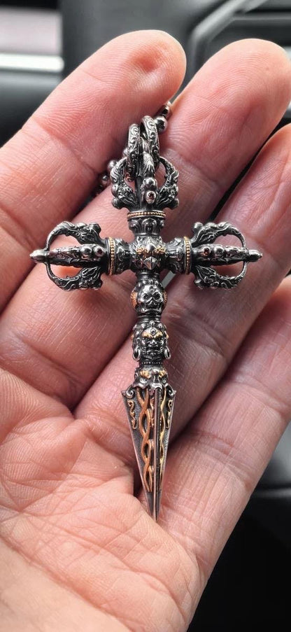 Silver with gold plating Tibetan Phurba Pendant, Vajra Kila Ritual Dagger Necklace, Handcrafted Spiritual Amulet, Buddhist Jewelry Gift