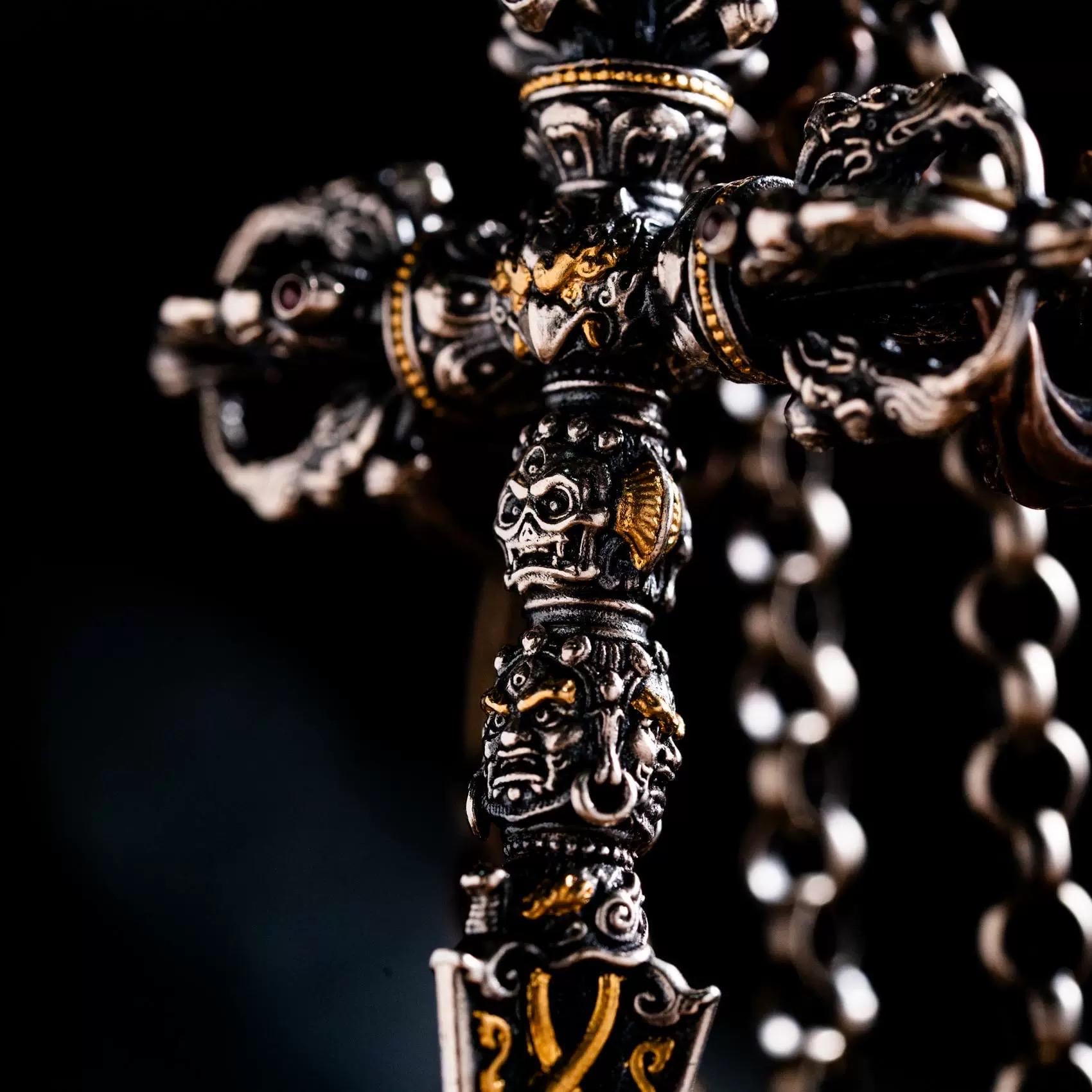 Silver with gold plating Tibetan Phurba Pendant, Vajra Kila Ritual Dagger Necklace, Handcrafted Spiritual Amulet, Buddhist Jewelry Gift