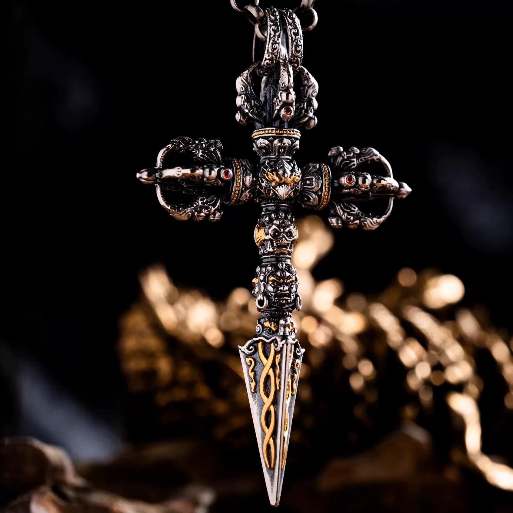 Silver with gold plating Tibetan Phurba Pendant, Vajra Kila Ritual Dagger Necklace, Handcrafted Spiritual Amulet, Buddhist Jewelry Gift