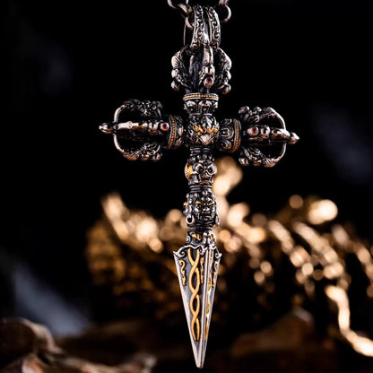 Silver with gold plating Tibetan Phurba Pendant, Vajra Kila Ritual Dagger Necklace, Handcrafted Spiritual Amulet, Buddhist Jewelry Gift