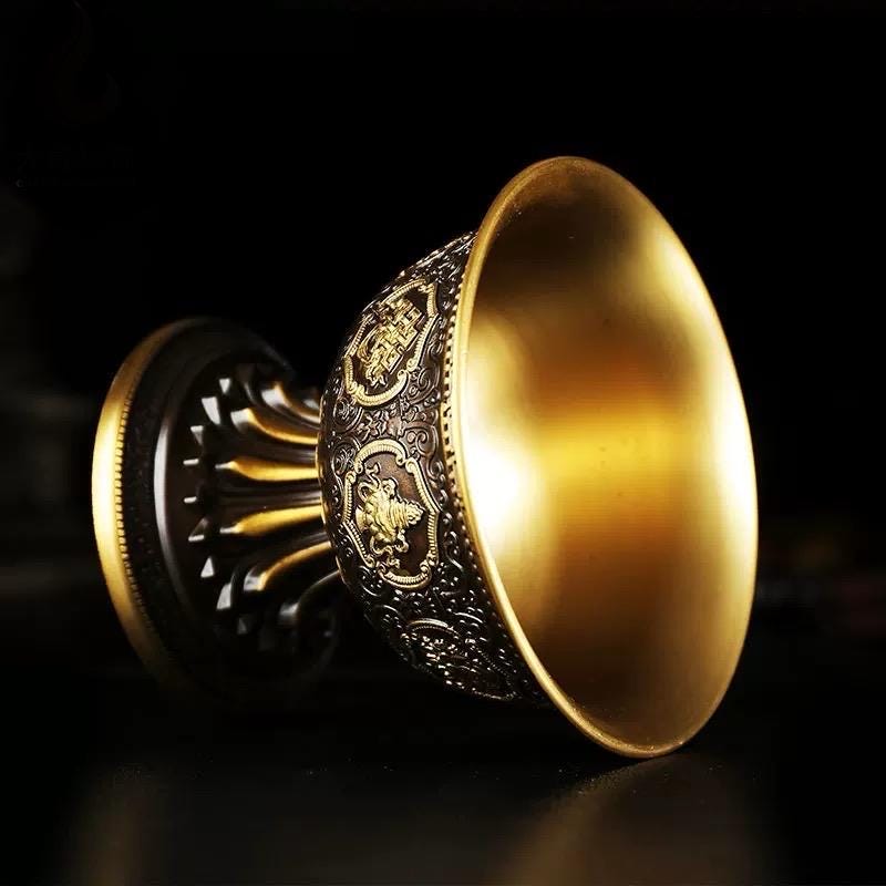 Handcrafted Tibetan Vibtage Brass Offering Bowl with Eight Auspicious Symbols High-Footed Water Cup for Altar Ritual Use