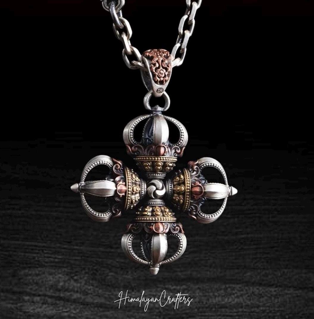 Tibetan Vajra Pendant S925 Silver Buddhist Amulet Protective Dorje Necklace Spiritual Meditation Talisman Handmade Himalayan Jewelry