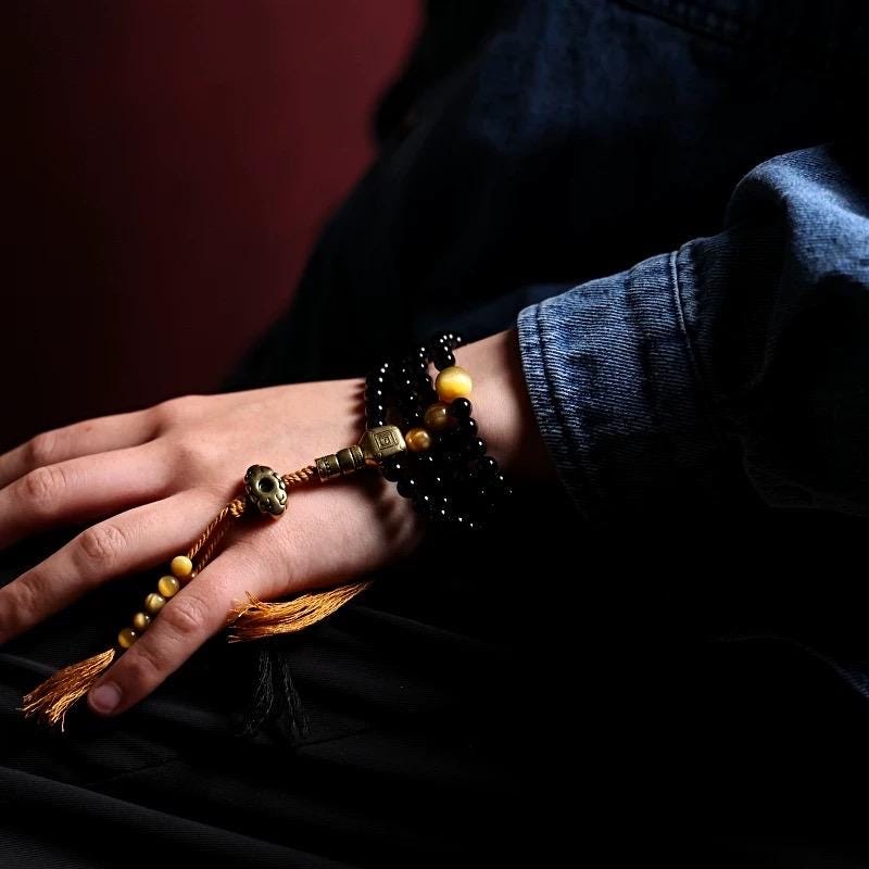Tibetan Black Agate & Tiger Eye Mala 108 Beads Necklace Bracelet 6mm Buddhist Prayer Beads Yoga Meditation Jewelry