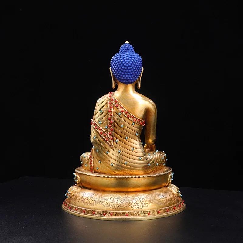 Tibetan Shakyamuni Buddha Statue – Brass Gilded Double Lotus with Gemstone Inlay – Buddhist Altar Decor, Meditation Shrine Gift