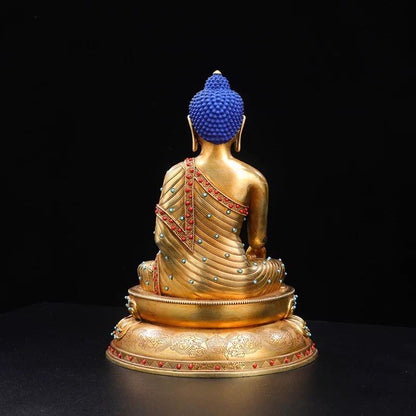 Tibetan Shakyamuni Buddha Statue – Brass Gilded Double Lotus with Gemstone Inlay – Buddhist Altar Decor, Meditation Shrine Gift