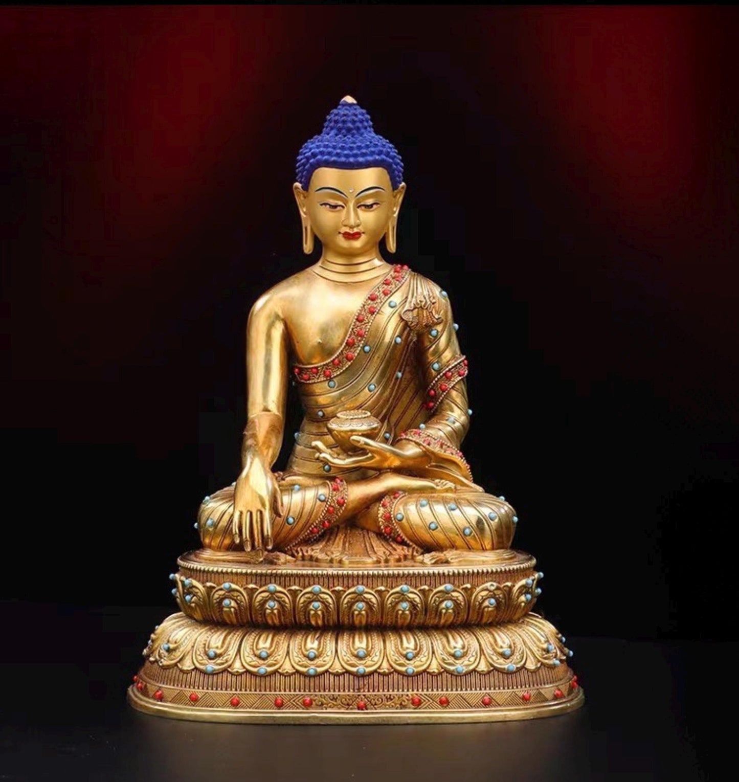 Tibetan Shakyamuni Buddha Statue – Brass Gilded Double Lotus with Gemstone Inlay – Buddhist Altar Decor, Meditation Shrine Gift