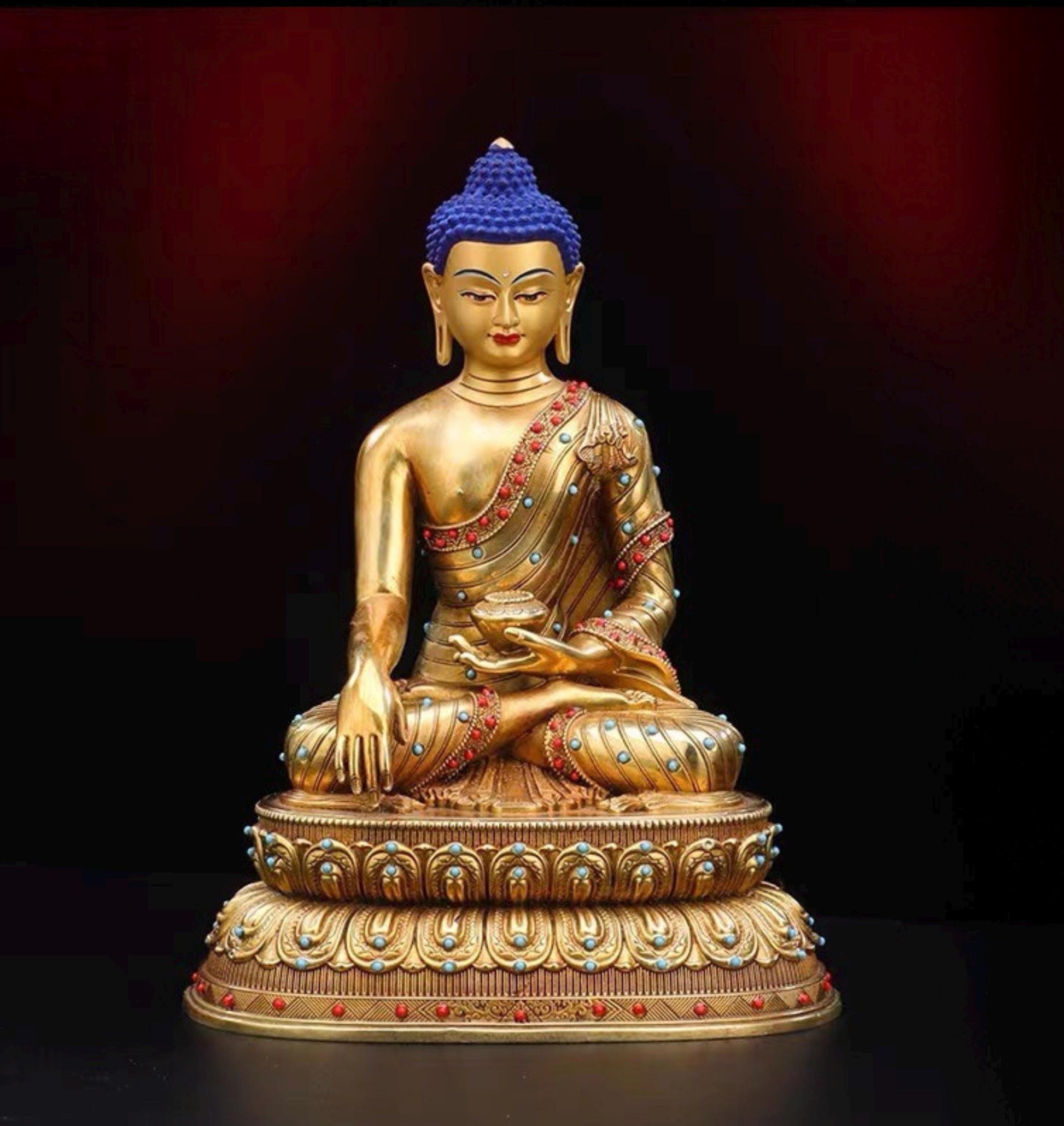 Tibetan Shakyamuni Buddha Statue – Brass Gilded Double Lotus with Gemstone Inlay – Buddhist Altar Decor, Meditation Shrine Gift
