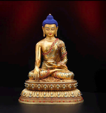 Tibetan Shakyamuni Buddha Statue – Brass Gilded Double Lotus with Gemstone Inlay – Buddhist Altar Decor, Meditation Shrine Gift