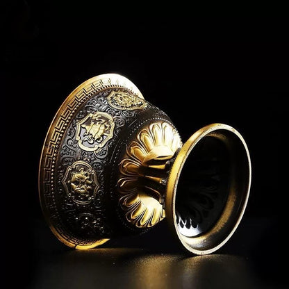 Handcrafted Tibetan Vibtage Brass Offering Bowl with Eight Auspicious Symbols High-Footed Water Cup for Altar Ritual Use