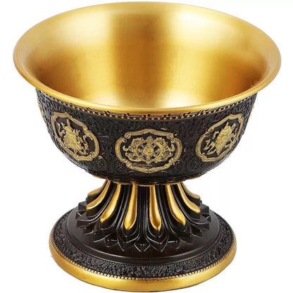 Handcrafted Tibetan Vibtage Brass Offering Bowl with Eight Auspicious Symbols High-Footed Water Cup for Altar Ritual Use