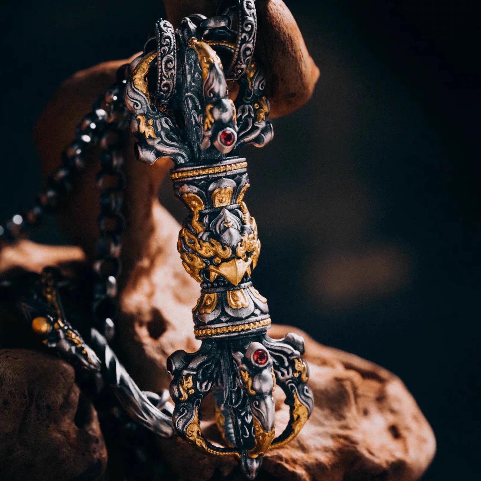 Garuda Vajra Pendant Necklace | Tibetan S925 Silver Gold-Plated Amulet | Men’s Spiritual Jewelry