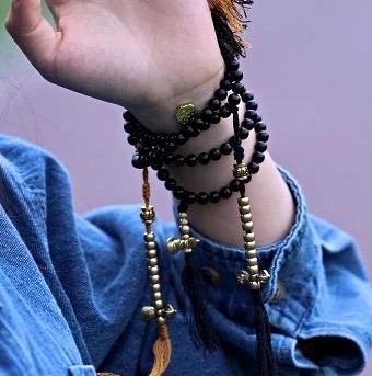 Tibetan Black Agate & Tiger Eye Mala 108 Beads Necklace Bracelet 6mm Buddhist Prayer Beads Yoga Meditation Jewelry