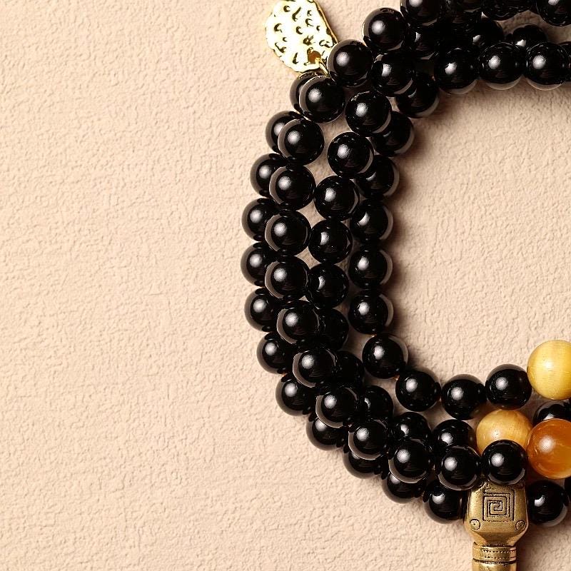 Tibetan Black Agate & Tiger Eye Mala 108 Beads Necklace Bracelet 6mm Buddhist Prayer Beads Yoga Meditation Jewelry