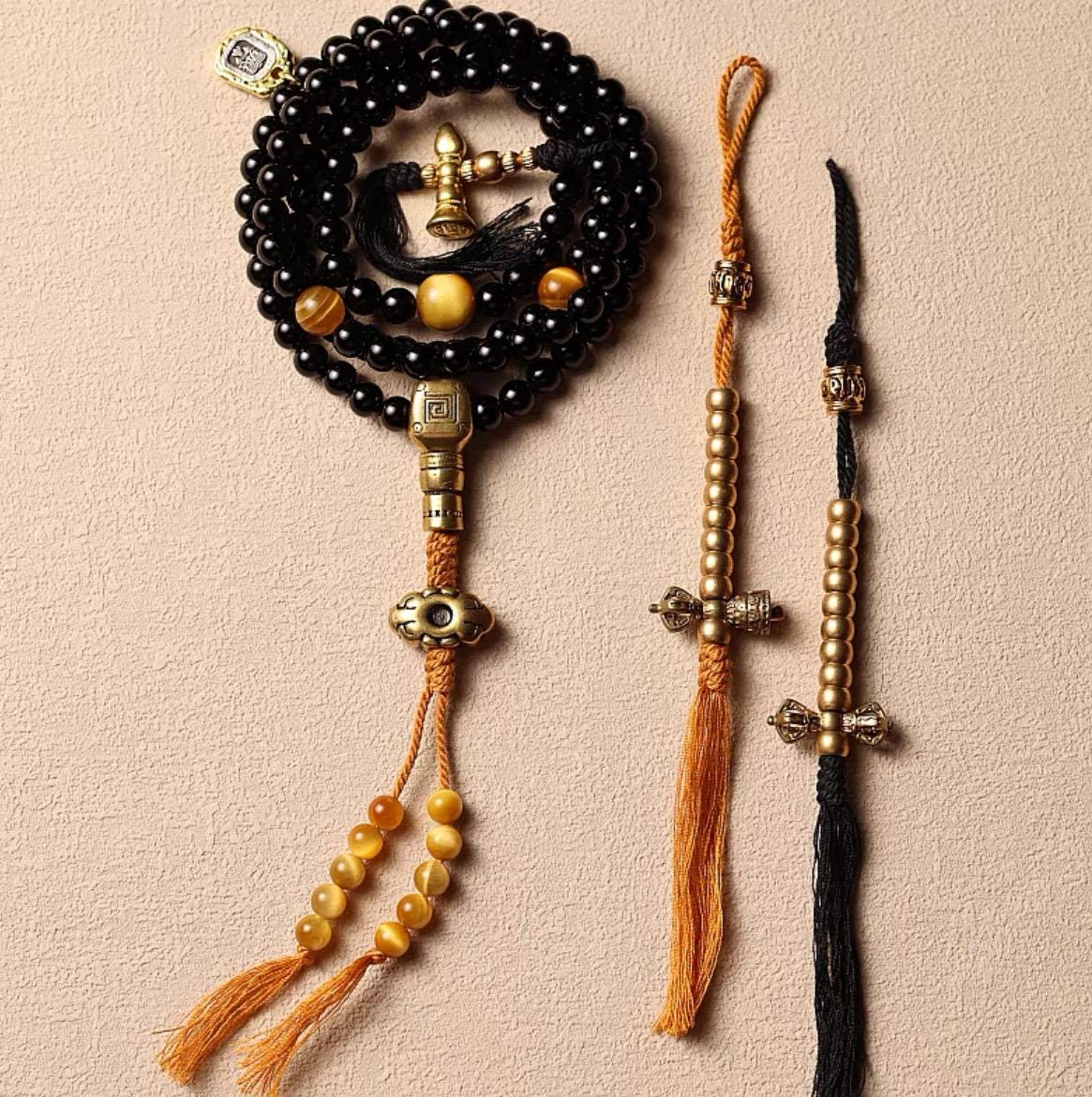 Tibetan Black Agate & Tiger Eye Mala 108 Beads Necklace Bracelet 6mm Buddhist Prayer Beads Yoga Meditation Jewelry