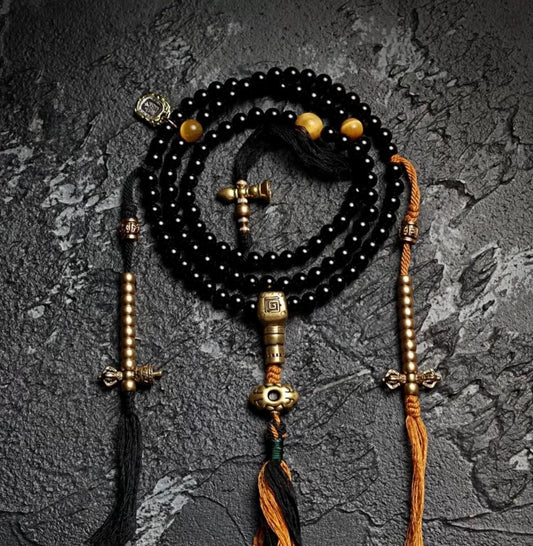 Tibetan Black Agate & Tiger Eye Mala 108 Beads Necklace Bracelet 6mm Buddhist Prayer Beads Yoga Meditation Jewelry