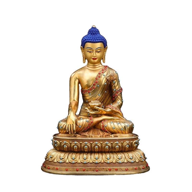 Tibetan Shakyamuni Buddha Statue – Brass Gilded Double Lotus with Gemstone Inlay – Buddhist Altar Decor, Meditation Shrine Gift