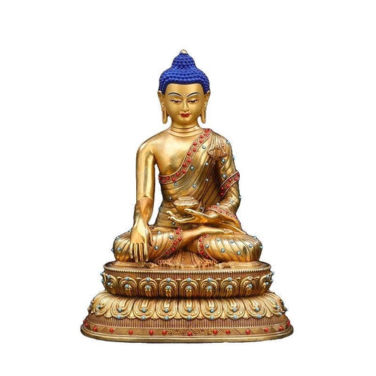 Tibetan Shakyamuni Buddha Statue – Brass Gilded Double Lotus with Gemstone Inlay – Buddhist Altar Decor, Meditation Shrine Gift