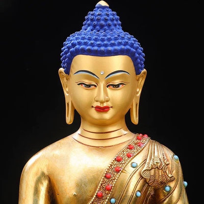 Tibetan Shakyamuni Buddha Statue – Brass Gilded Double Lotus with Gemstone Inlay – Buddhist Altar Decor, Meditation Shrine Gift