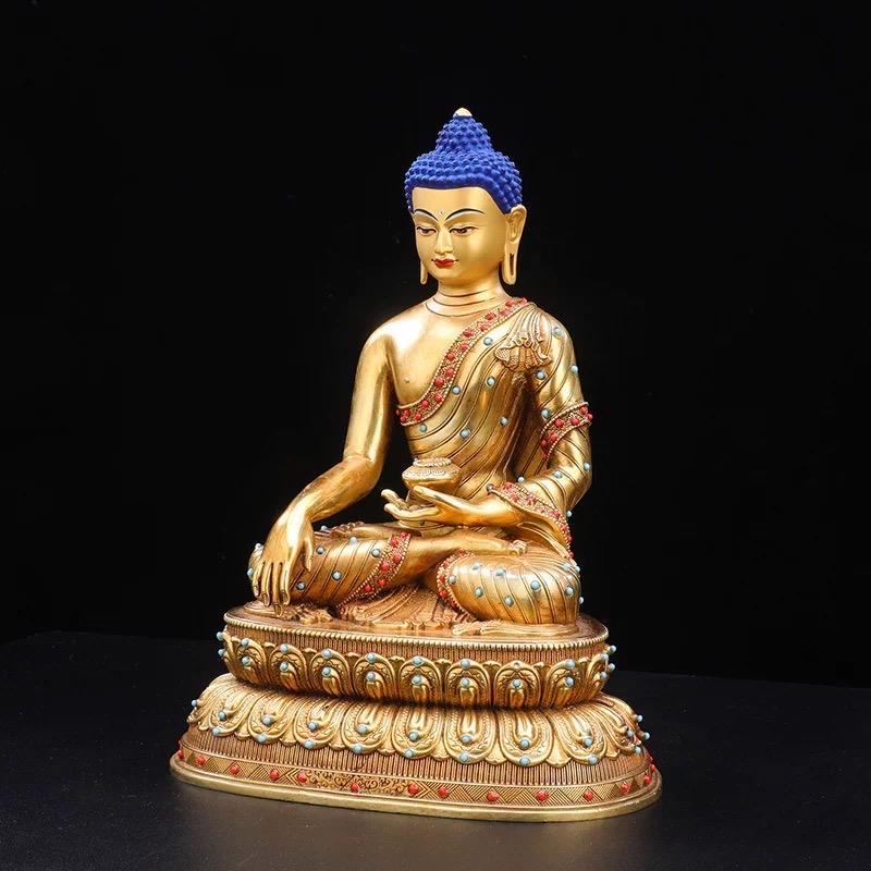 Tibetan Shakyamuni Buddha Statue – Brass Gilded Double Lotus with Gemstone Inlay – Buddhist Altar Decor, Meditation Shrine Gift