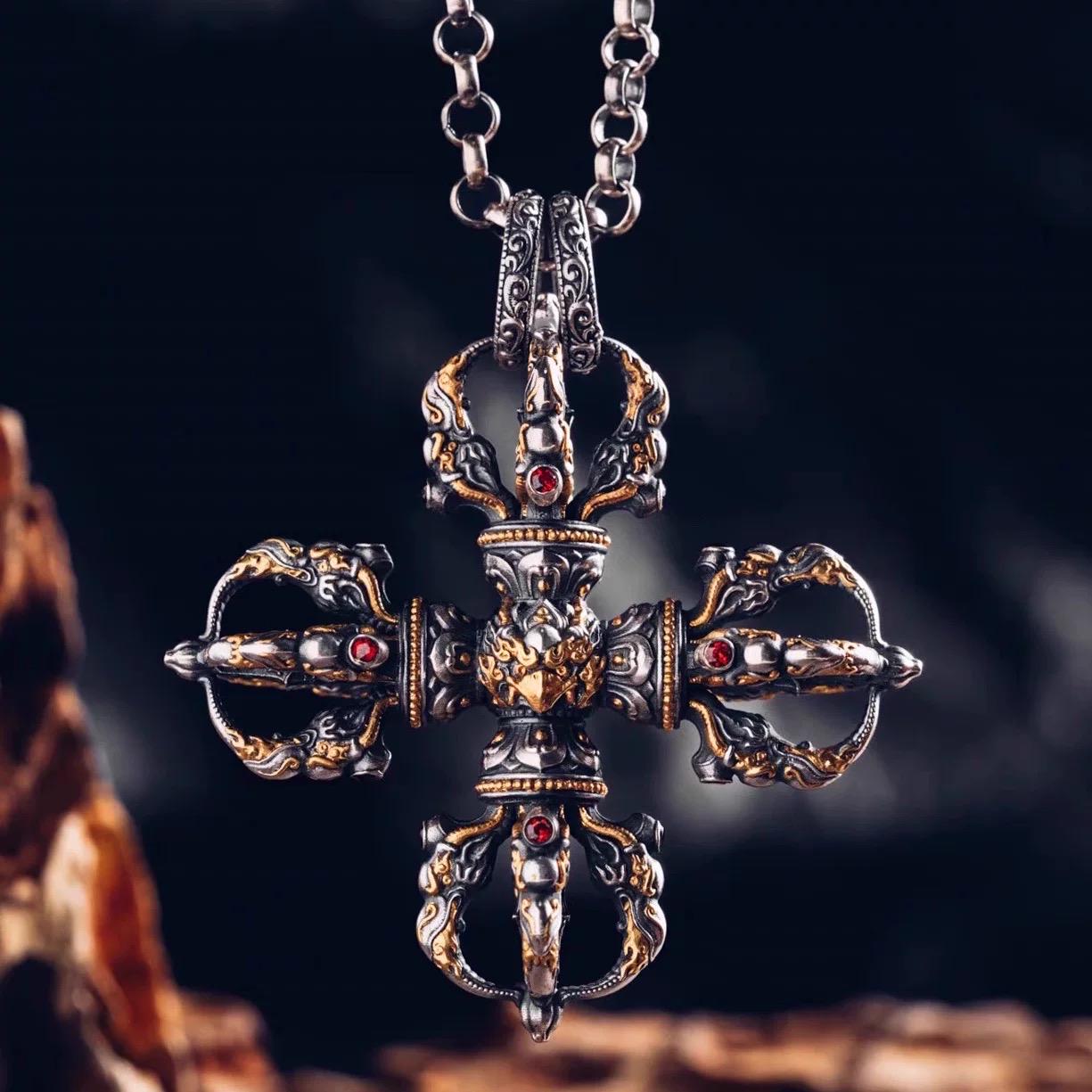 Tibetan Vajra Pendant S925 Silver Buddhist Amulet Protective Dorje Necklace Spiritual Meditation Talisman Handmade Himalayan Jewelry