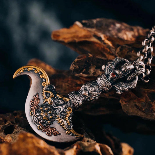 Tibetan Mahākāla Vajra Axe Pendant Sterling Silver Amulet Necklace
