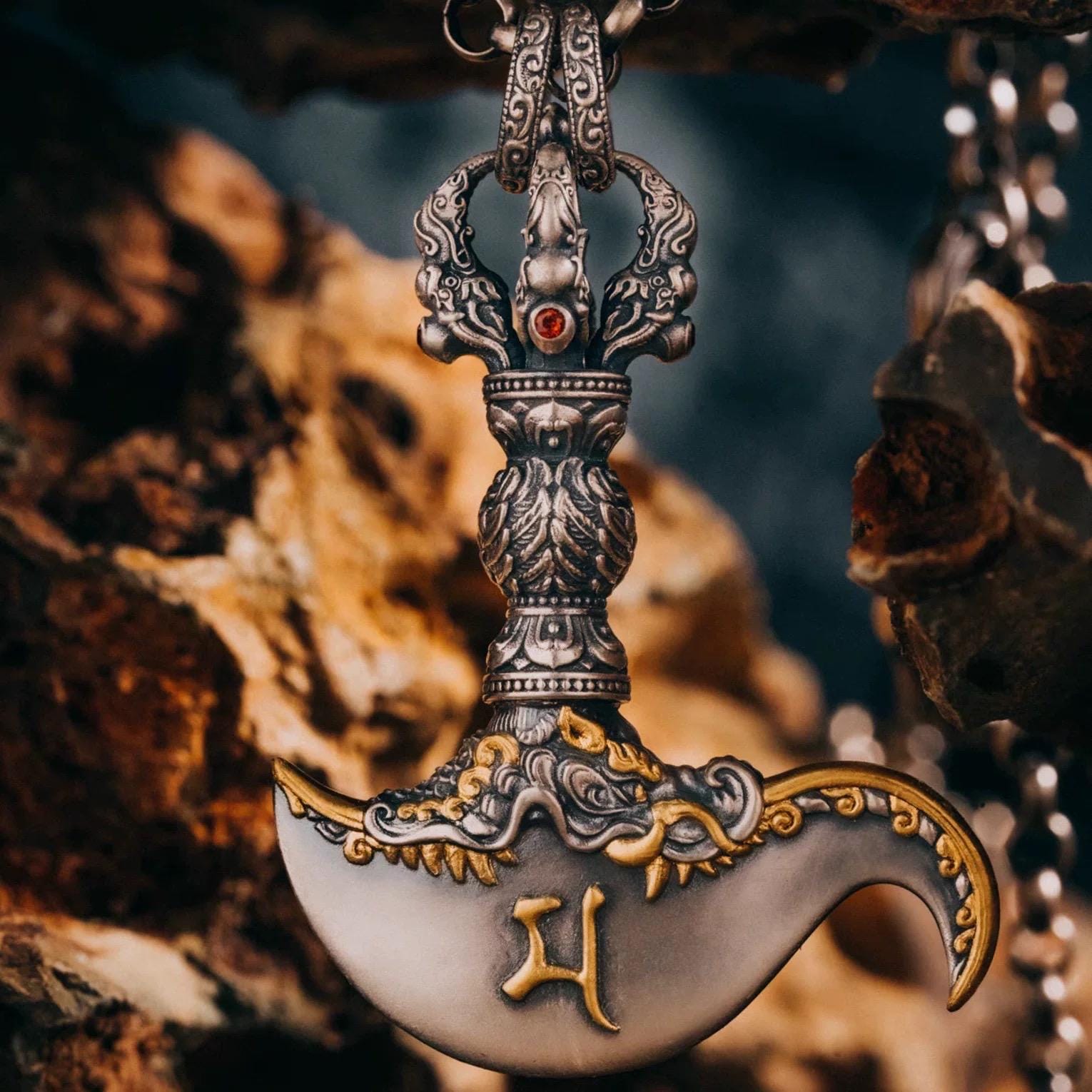 Tibetan Mahākāla Vajra Axe Pendant Sterling Silver Amulet Necklace