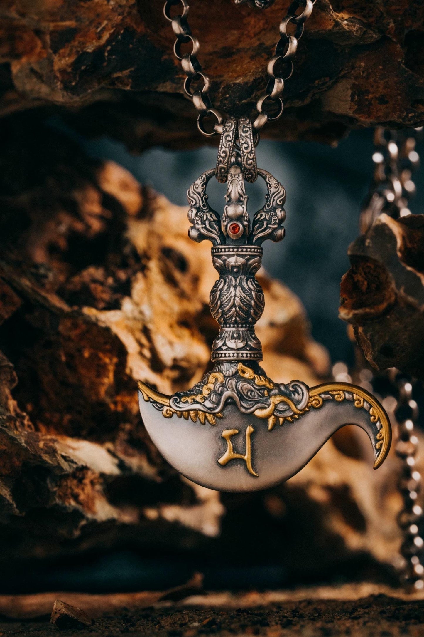 Tibetan Mahākāla Vajra Axe Pendant Sterling Silver Amulet Necklace