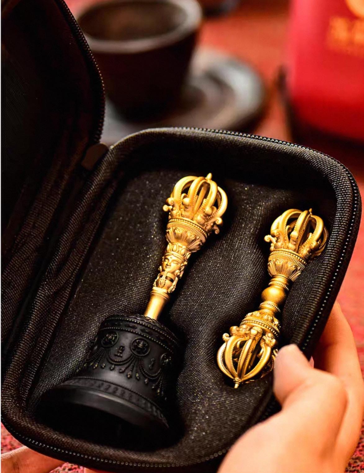 Handcrafted Tibetan Brass Bell 5 or 9 prong Dorje Set