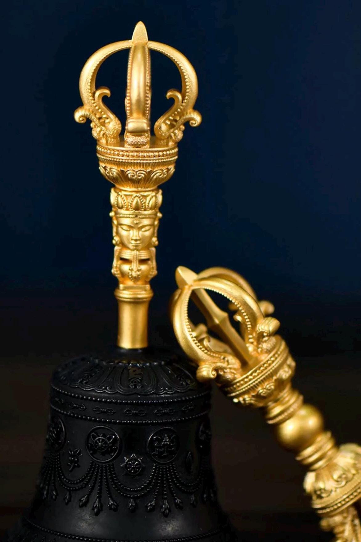 Handcrafted Tibetan Brass Bell 5 or 9 prong Dorje Set