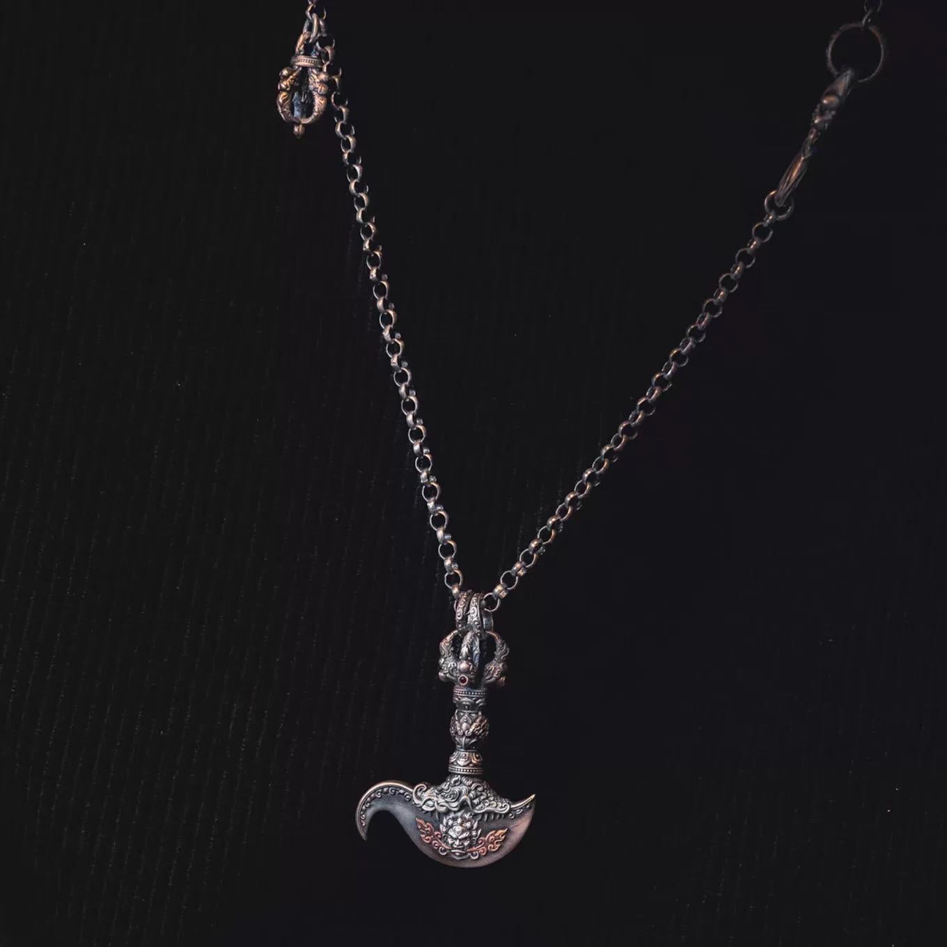 Tibetan Mahākāla Vajra Axe Pendant Sterling Silver Amulet Necklace