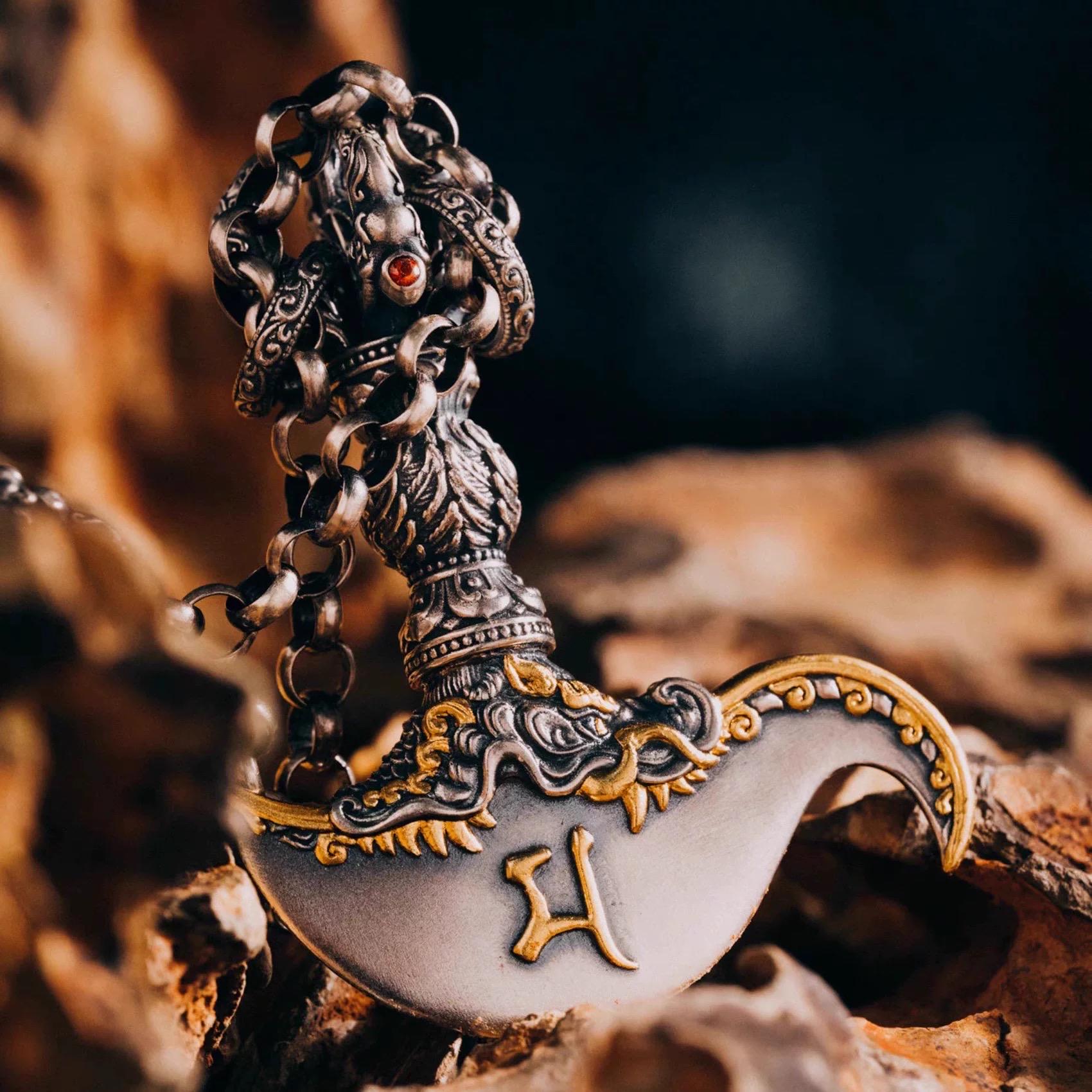 Tibetan Mahākāla Vajra Axe Pendant Sterling Silver Amulet Necklace