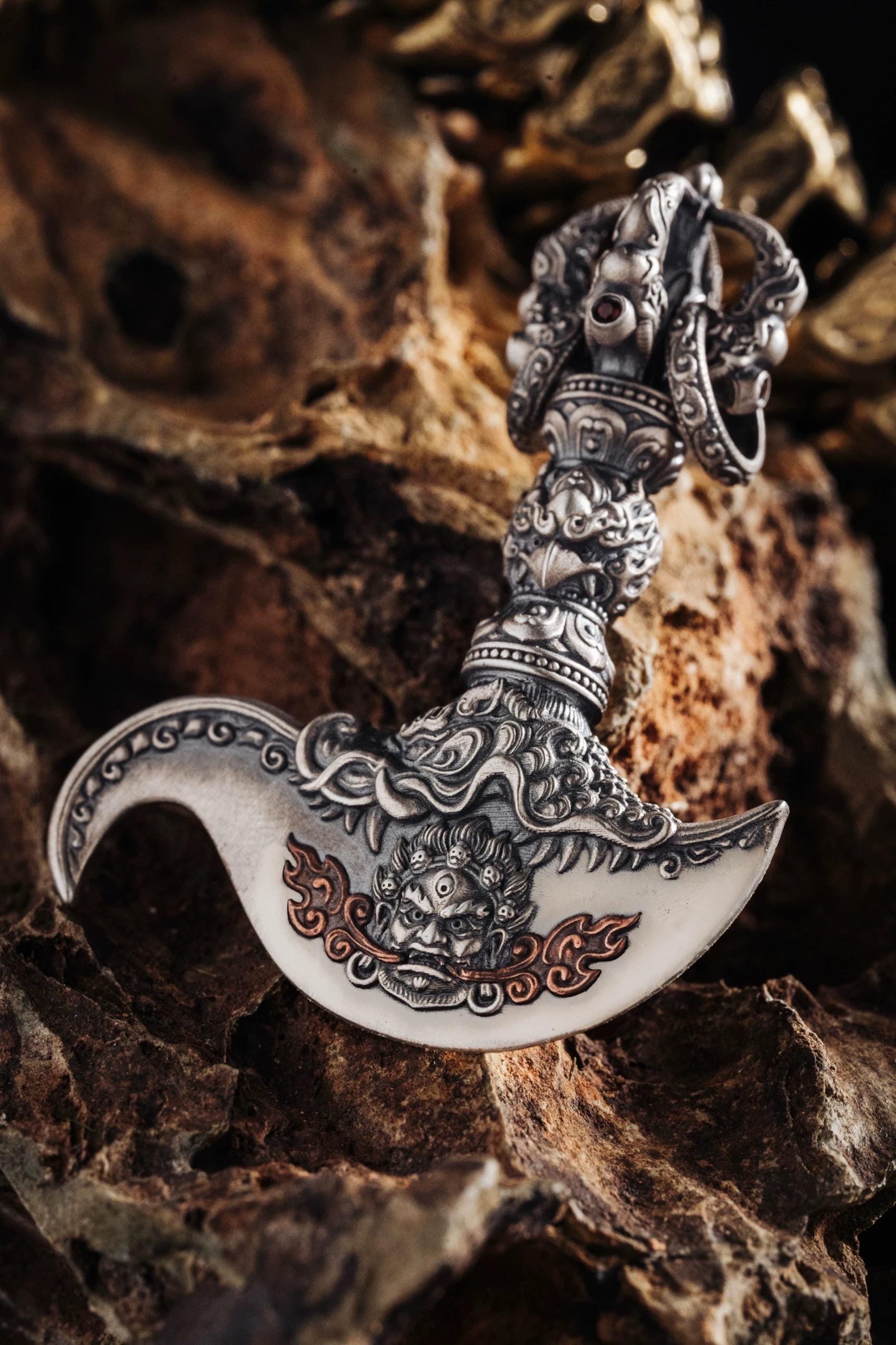 Tibetan Mahākāla Vajra Axe Pendant Sterling Silver Amulet Necklace