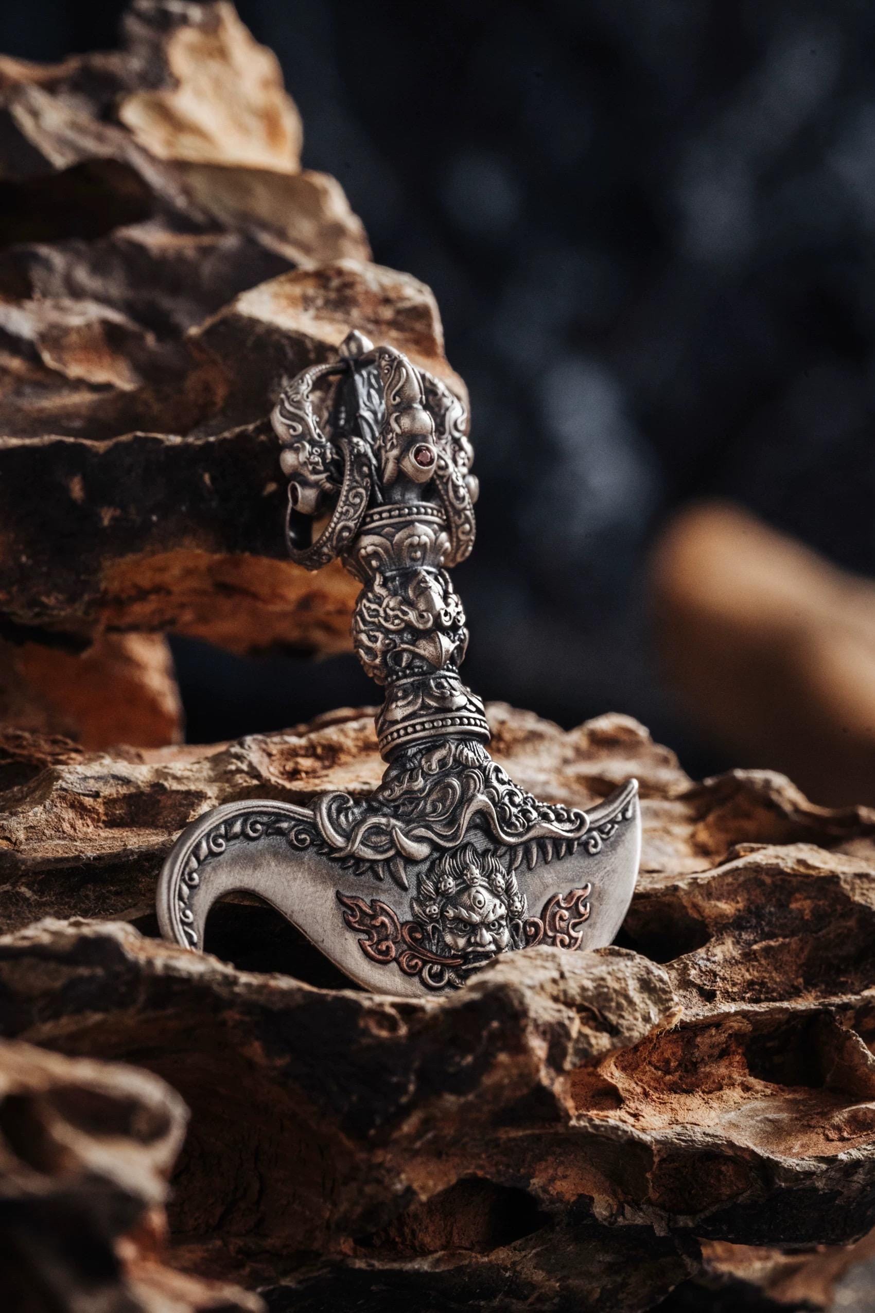 Tibetan Mahākāla Vajra Axe Pendant Sterling Silver Amulet Necklace