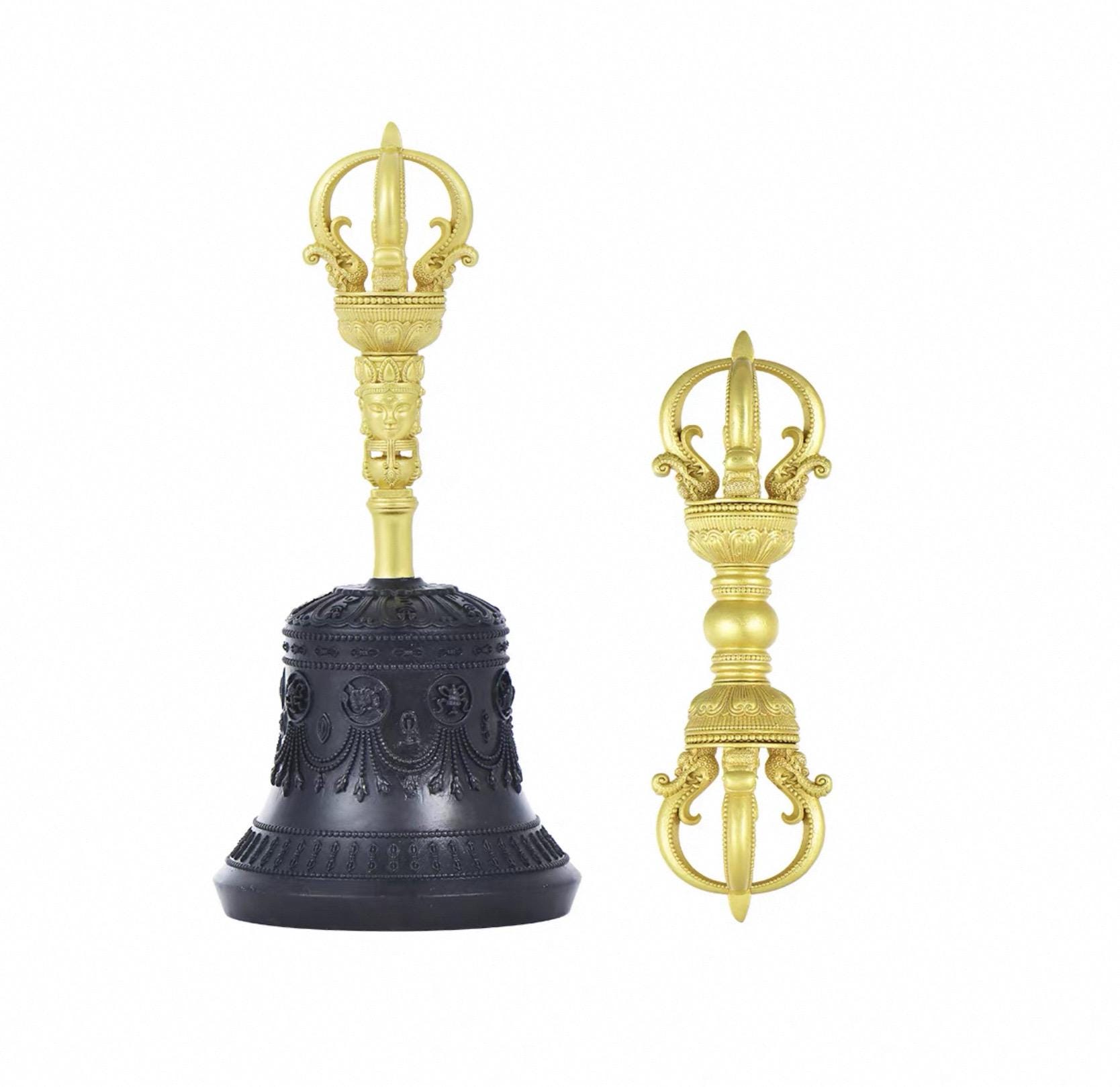 Handcrafted Tibetan Brass Bell 5 or 9 prong Dorje Set