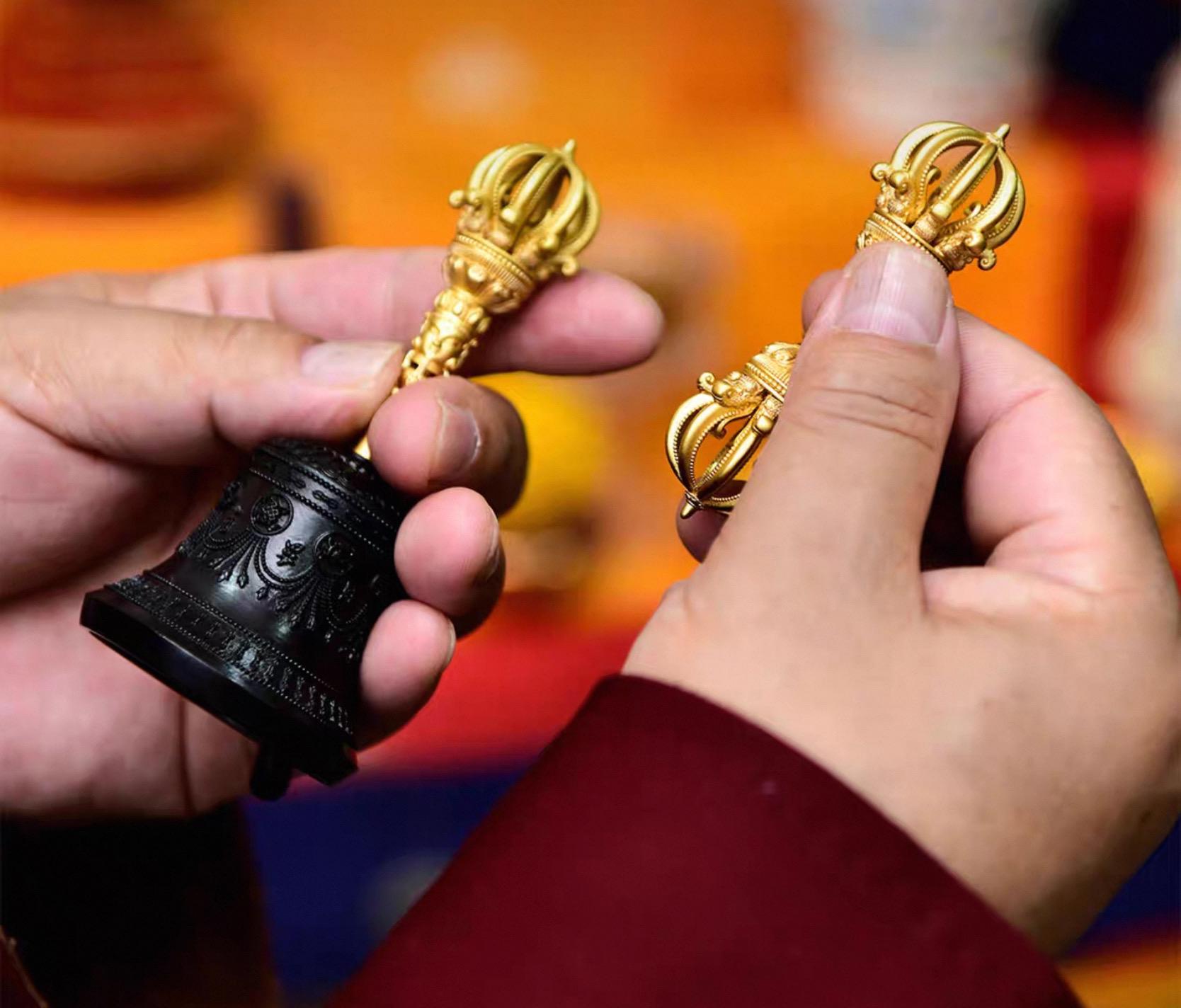 Handcrafted Tibetan Brass Bell 5 or 9 prong Dorje Set