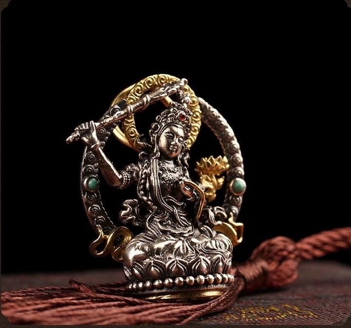 Silver Manjushri Bodhisattva Pendant with gold plated parts