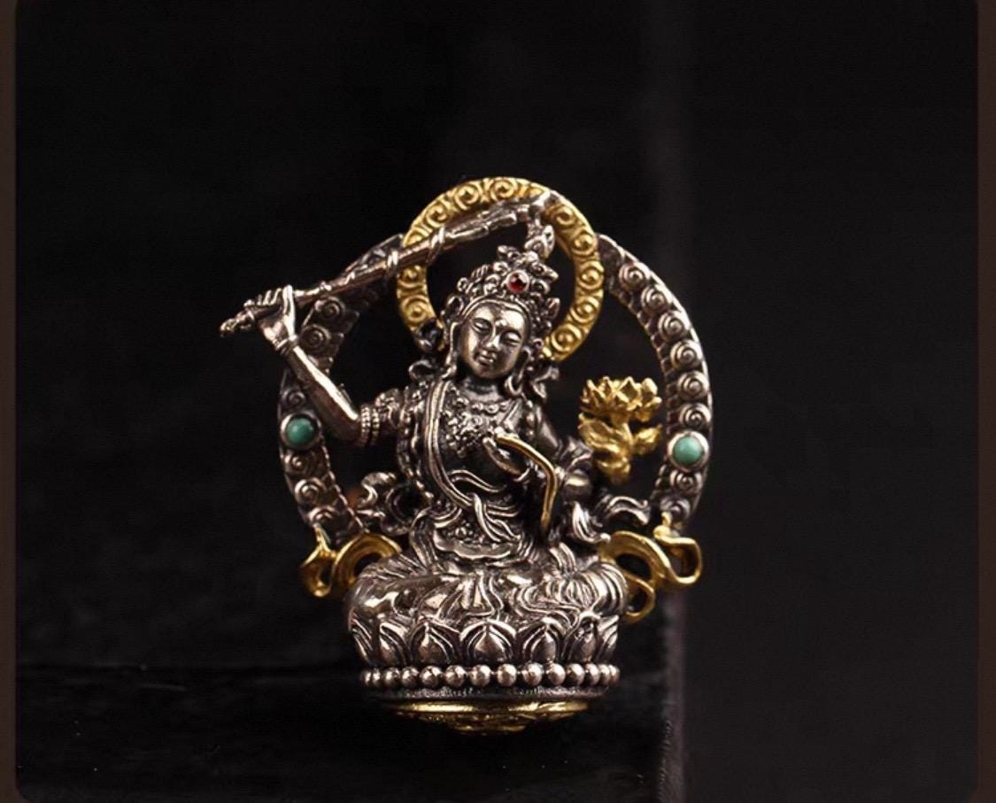 Silver Manjushri Bodhisattva Pendant with gold plated parts