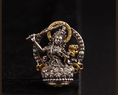 Silver Manjushri Bodhisattva Pendant with gold plated parts