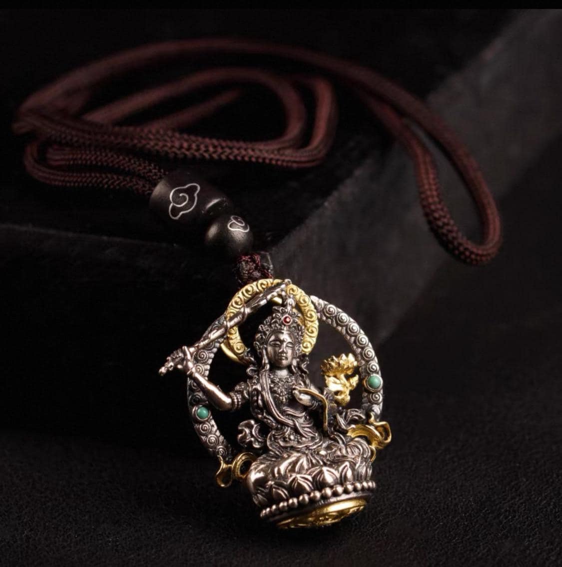 Silver Manjushri Bodhisattva Pendant with gold plated parts