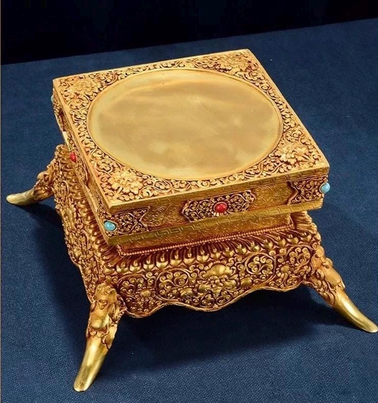 Handmade Brass Mandala Offering Set: Tibetan Auspicious Symbols, Gemstones