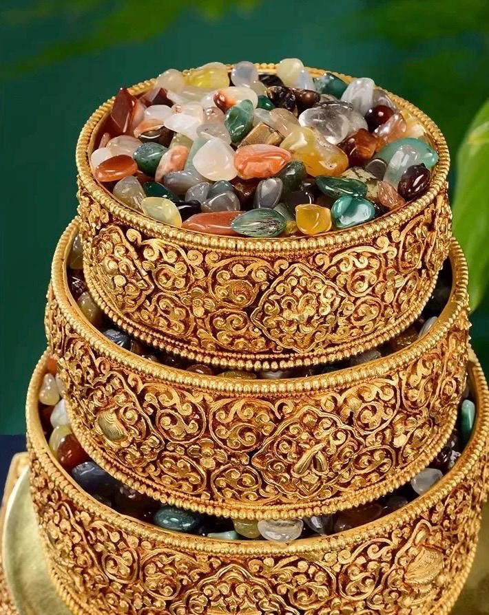 Handmade Brass Mandala Offering Set: Tibetan Auspicious Symbols, Gemstones