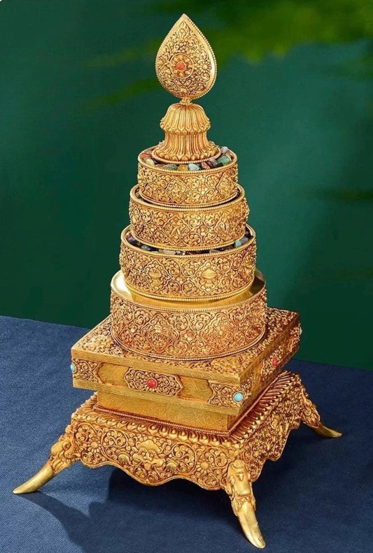 Handmade Brass Mandala Offering Set: Tibetan Auspicious Symbols, Gemstones