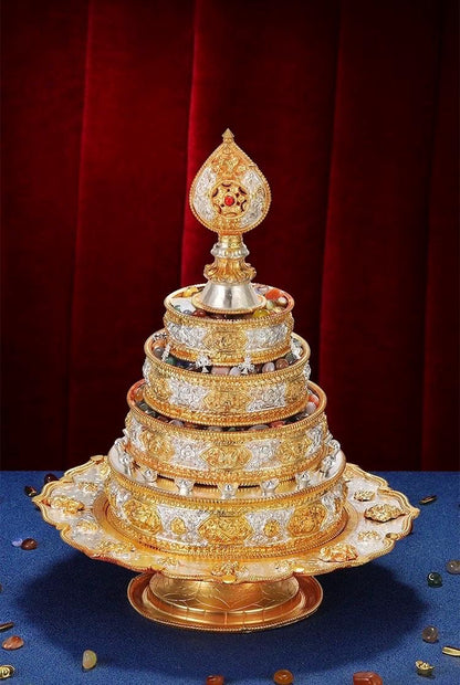 Handmade Brass Mandala Offering Set: Tibetan Auspicious Symbols, Gemstones