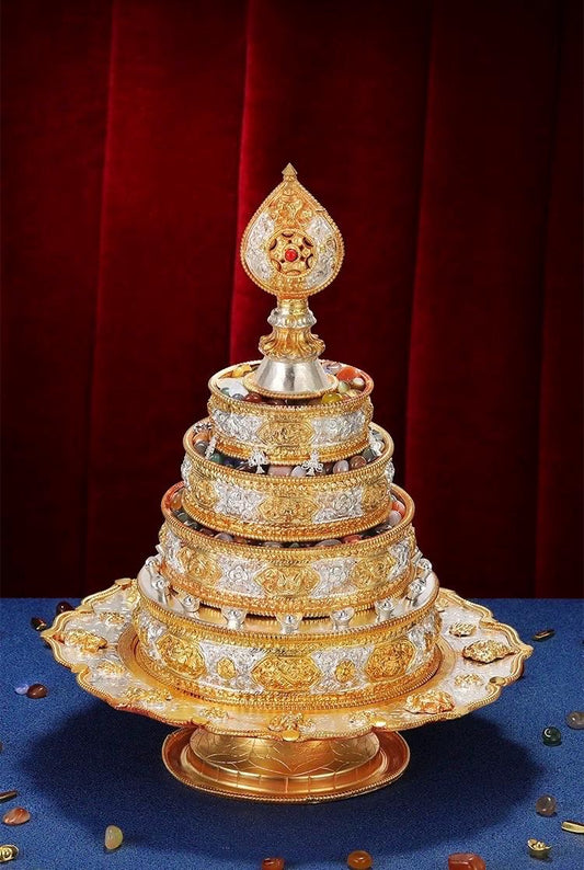 Handmade Brass Mandala Offering Set: Tibetan Auspicious Symbols, Gemstones